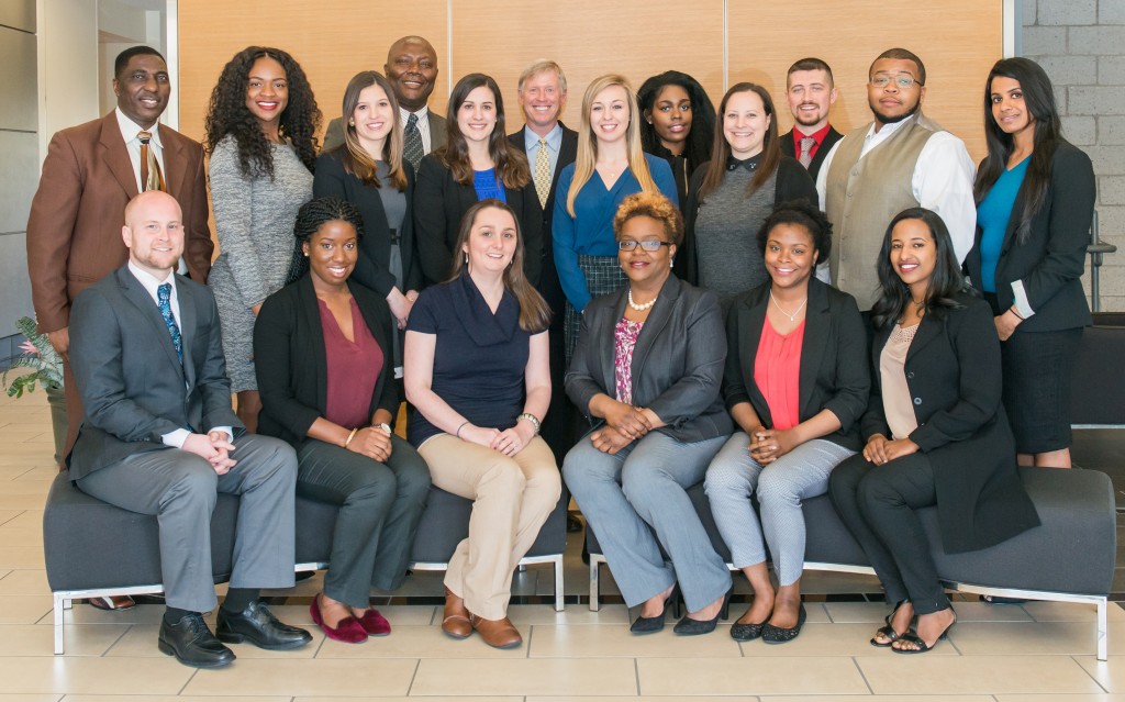Front row (l to r): Matthew Berry, Aramide Awosika, Molly LeGrand, Rita Choula, BreAna Moss, Haymanot Yalewaker. Back row (l to r): Kola Bakre, Augusta Osefoh, Maria Andrea Ramirez, Ike Nwizu, Alyson Olmstead, Kevin Heffner, Jamie Jaegers, Simone Abe, Ashley Lacis, Justin Wolf, Marcus Hockaday, Shalini Sahoo.